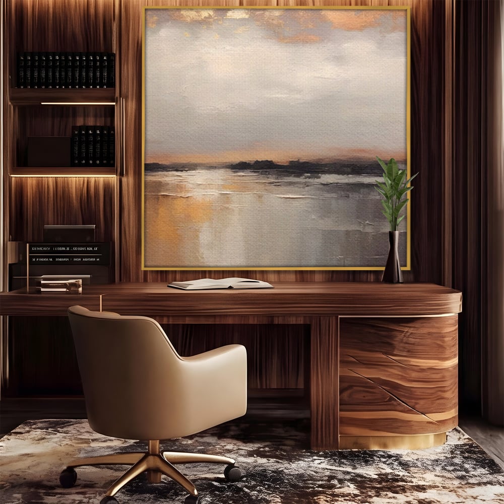 Tablou canvas cu tablou pictat cu peisaj de apa, in rama de aluminiu auriu, pe perete intr-un birou